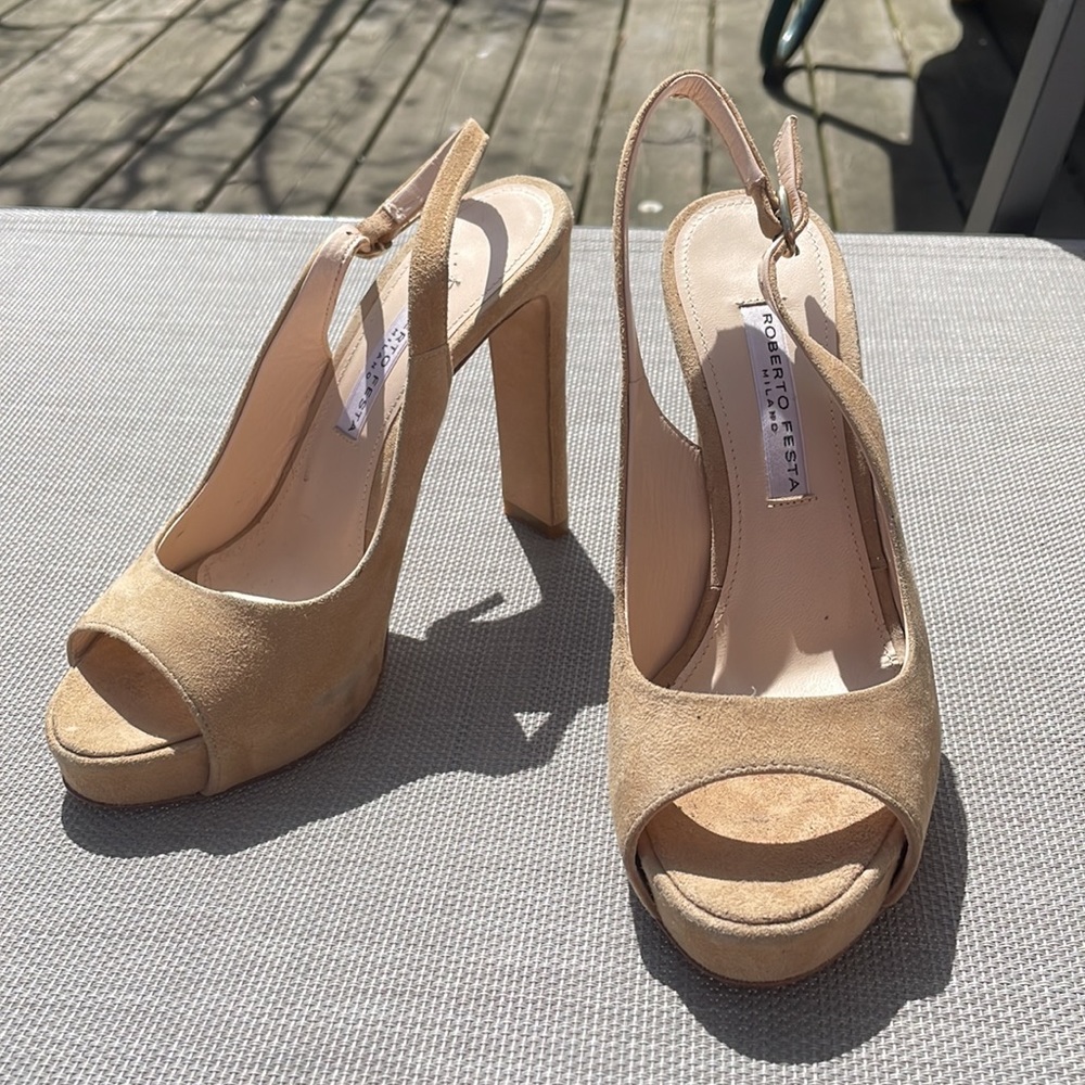 Roberto Festa Milano Suede Nude Heels Slingback Open Toe